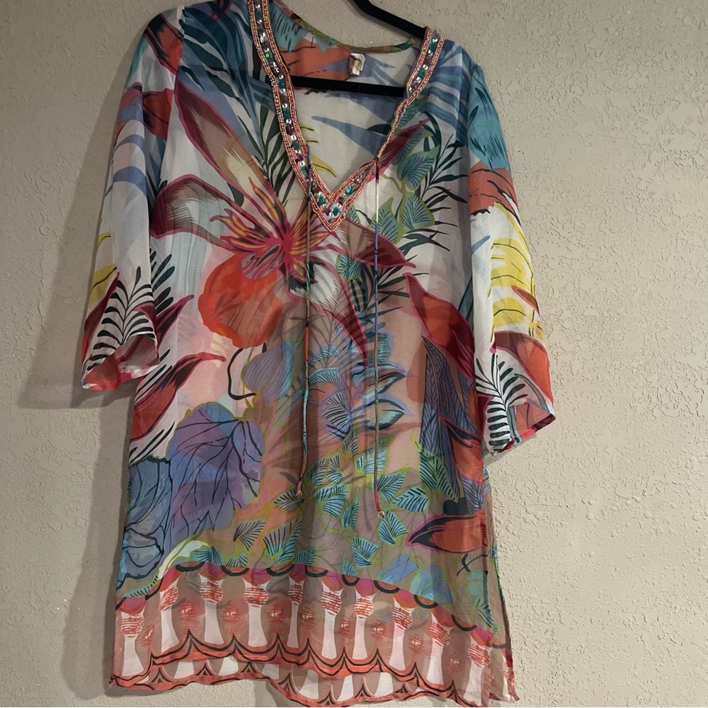 Antica Sartoria Swim Coverup Dress L? Bead Sequin Cotton Resort Beach Floral